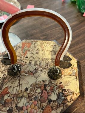 Vintage Market-Scene Tote with Brown & Cream Handles